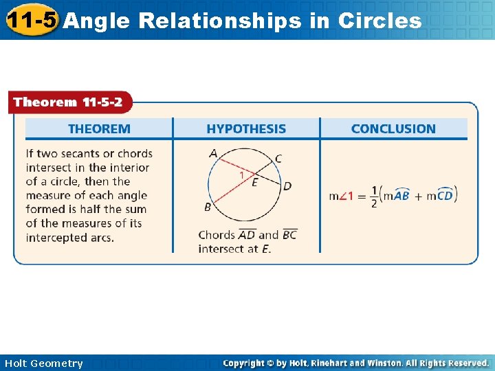 11 -5 Angle Relationships in Circles Holt Geometry 