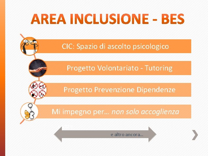 CIC: Spazio di ascolto psicologico Progetto Volontariato - Tutoring Progetto Prevenzione Dipendenze Mi impegno