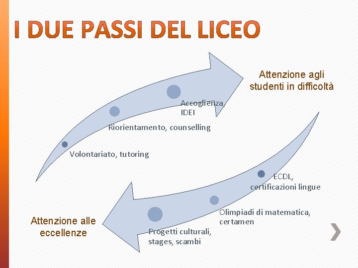 Attenzione agli studenti in difficoltà Accoglienza, IDEI Riorientamento, counselling Volontariato, tutoring ECDL, certificazioni lingue