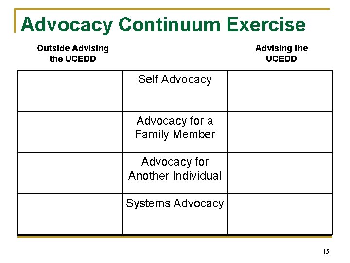Advocacy Continuum Exercise Outside Advising the UCEDD Self Advocacy for a Family Member Advocacy