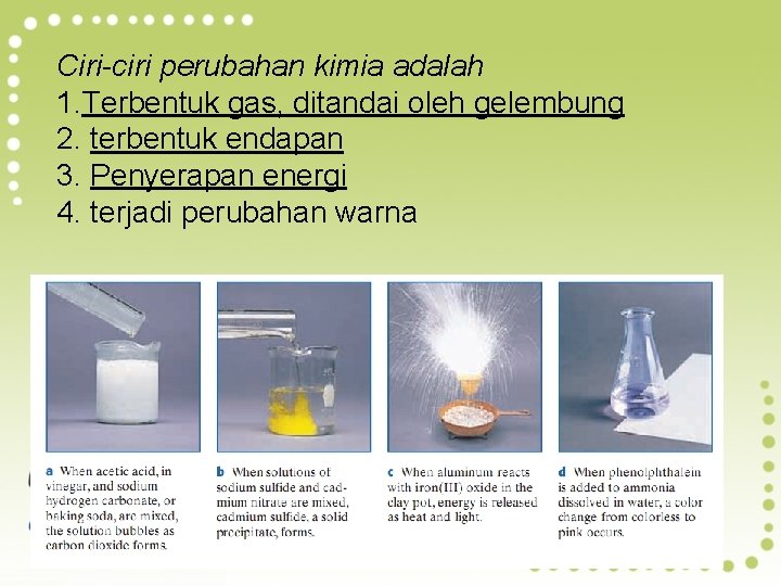 Ciri-ciri perubahan kimia adalah 1. Terbentuk gas, ditandai oleh gelembung 2. terbentuk endapan 3.