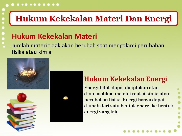 Hukum Kekekalan Materi Dan Energi Hukum Kekekalan Materi Jumlah materi tidak akan berubah saat