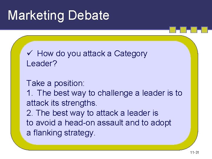 Marketing Debate ü How do you attack a Category Leader? Take a position: 1.