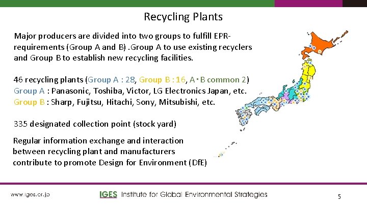 Recycling Plants Major producers are divided into two groups to fulfill EPRrequirements (Group A