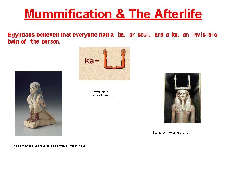 Mummification & The Afterlife Egyptians believed that everyone had a ba, or soul, and