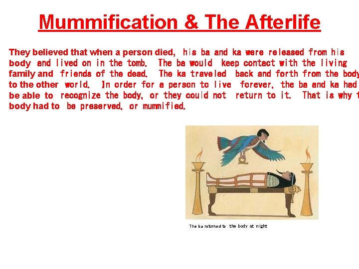 Mummification & The Afterlife They believed that when a person died, his ba and