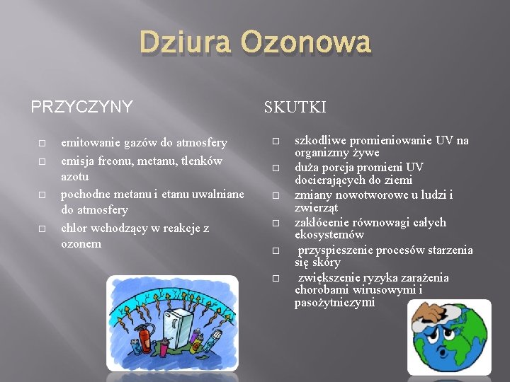 Dziura Ozonowa PRZYCZYNY emitowanie gazów do atmosfery emisja freonu, metanu, tlenków azotu pochodne metanu