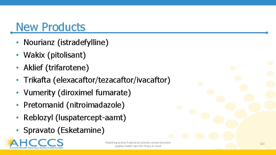 New Products • Nourianz (istradefylline) • Wakix (pitolisant) • Aklief (trifarotene) • Trikafta (elexacaftor/tezacaftor/ivacaftor)