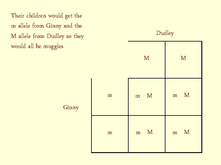 Their children would get the m allele from Ginny and the M allele from