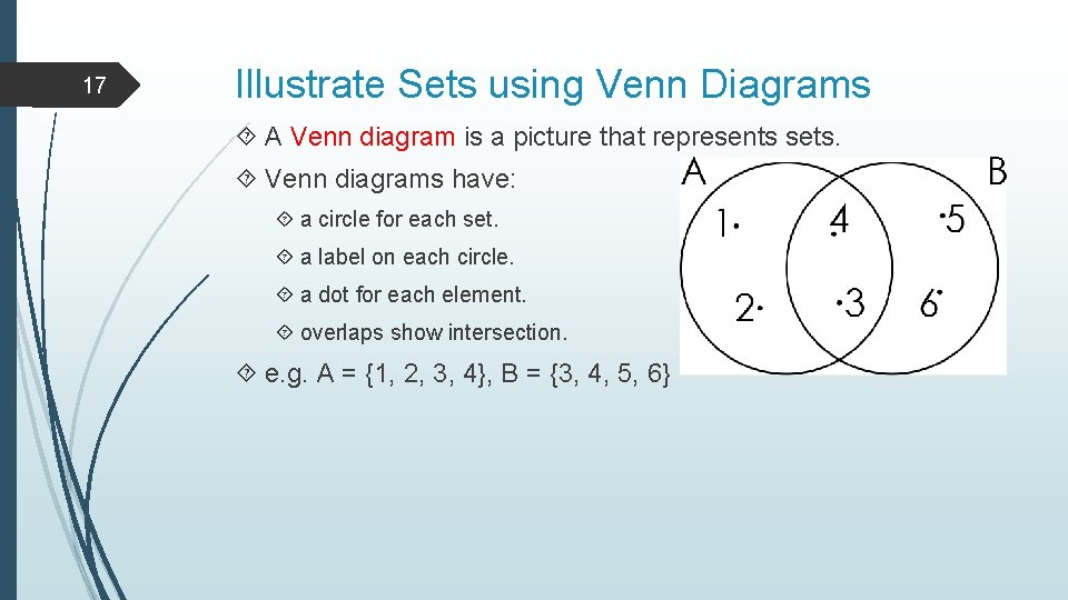 17 Illustrate Sets using Venn Diagrams A Venn diagram is a picture that represents