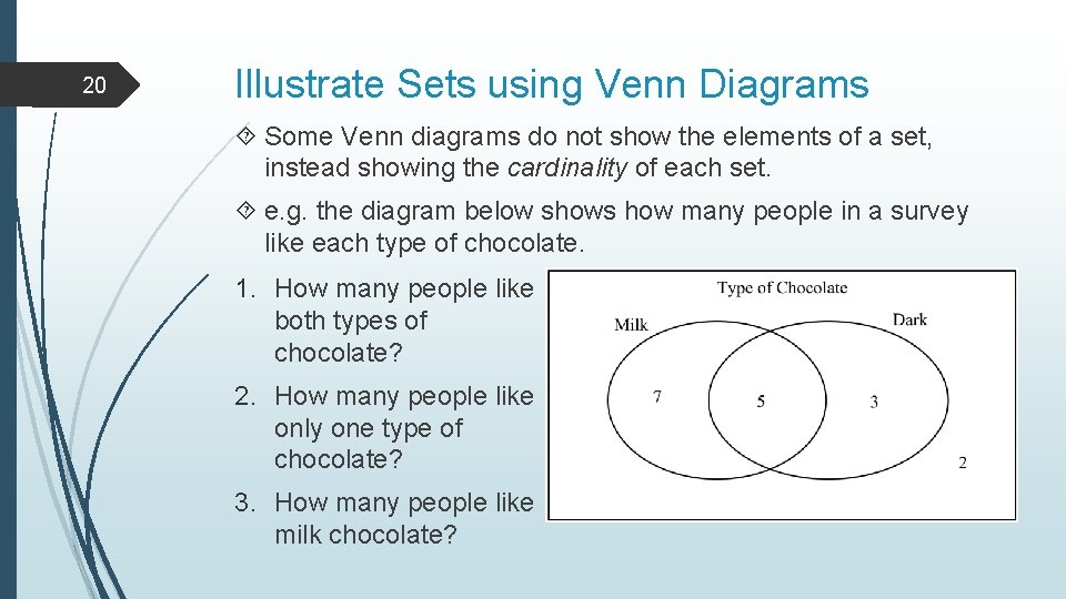 20 Illustrate Sets using Venn Diagrams Some Venn diagrams do not show the elements