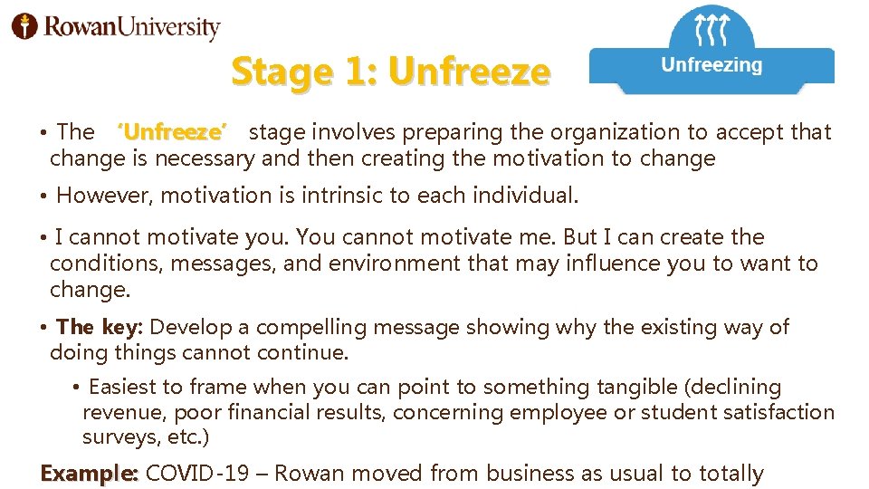 Stage 1: Unfreeze • The ‘Unfreeze’ stage involves preparing the organization to accept that