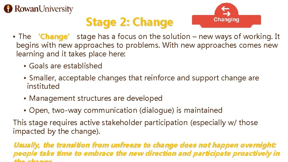 Stage 2: Change • The ‘Change’ stage has a focus on the solution –