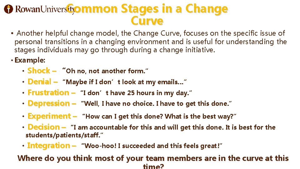 Common Stages in a Change Curve • Another helpful change model, the Change Curve,