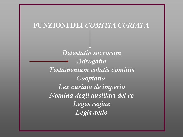 FUNZIONI DEI COMITIA CURIATA Detestatio sacrorum Adrogatio Testamentum calatis comitiis Cooptatio Lex curiata de