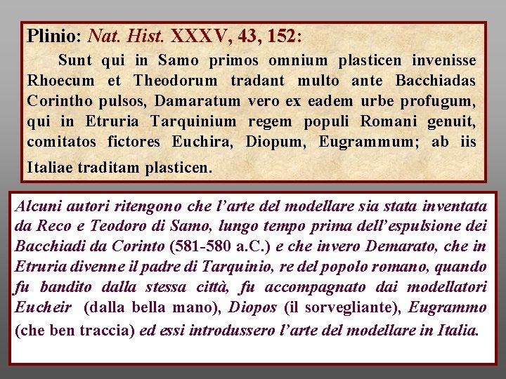 Plinio: Nat. Hist. XXXV, 43, 152: Sunt qui in Samo primos omnium plasticen invenisse