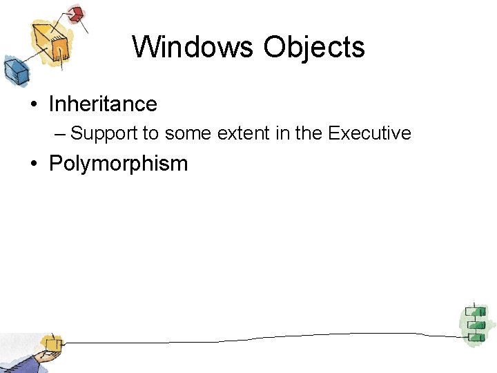 Windows Objects • Inheritance – Support to some extent in the Executive • Polymorphism