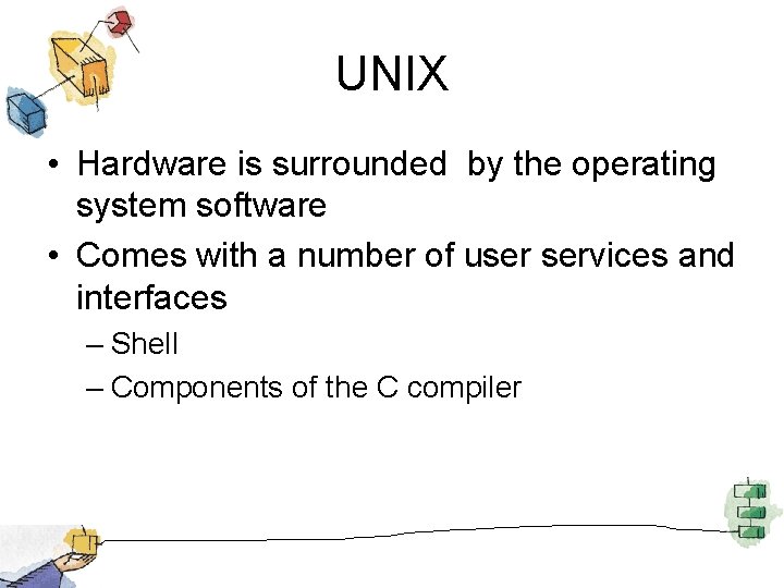 UNIX • Hardware is surrounded by the operating system software • Comes with a