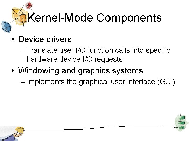 Kernel-Mode Components • Device drivers – Translate user I/O function calls into specific hardware