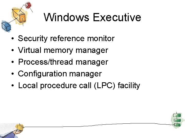 Windows Executive • • • Security reference monitor Virtual memory manager Process/thread manager Configuration