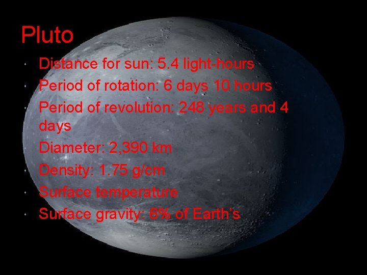 Pluto Distance for sun: 5. 4 light-hours Period of rotation: 6 days 10 hours