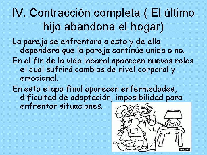 IV. Contracción completa ( El último hijo abandona el hogar) La pareja se enfrentara