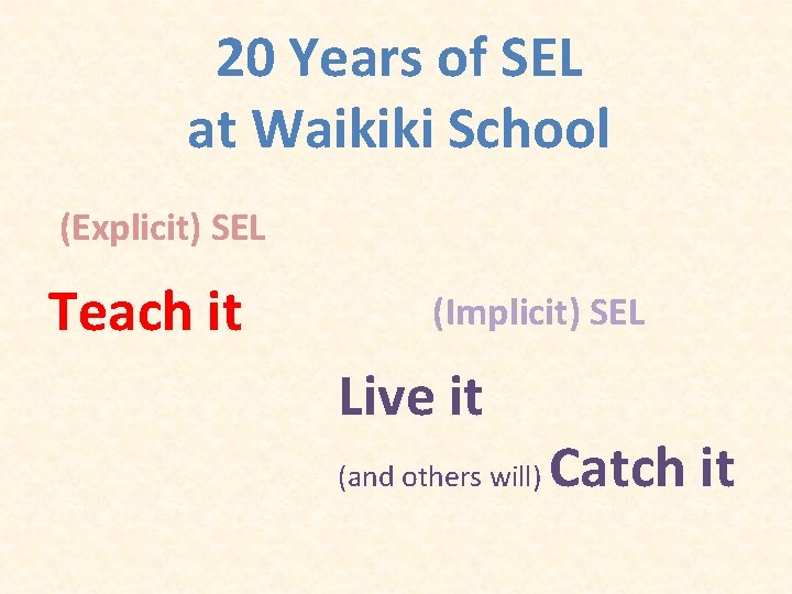 20 Years of SEL at Waikiki School (Explicit) SEL Teach it (Implicit) SEL Live