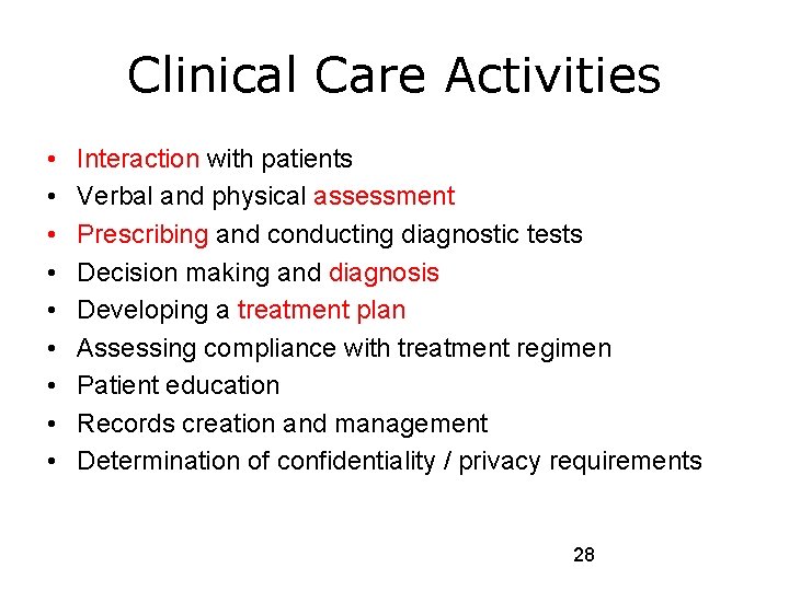 Clinical Care Activities • • • Interaction with patients Verbal and physical assessment Prescribing