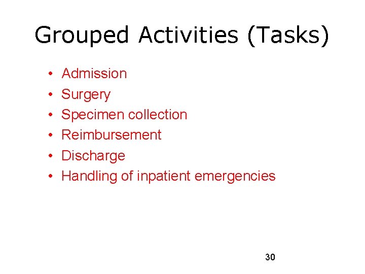 Grouped Activities (Tasks) • • • Admission Surgery Specimen collection Reimbursement Discharge Handling of