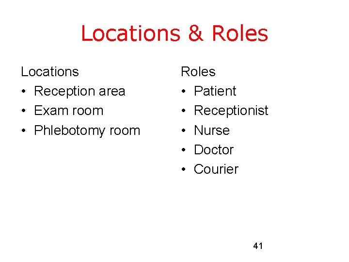 Locations & Roles Locations • Reception area • Exam room • Phlebotomy room Roles