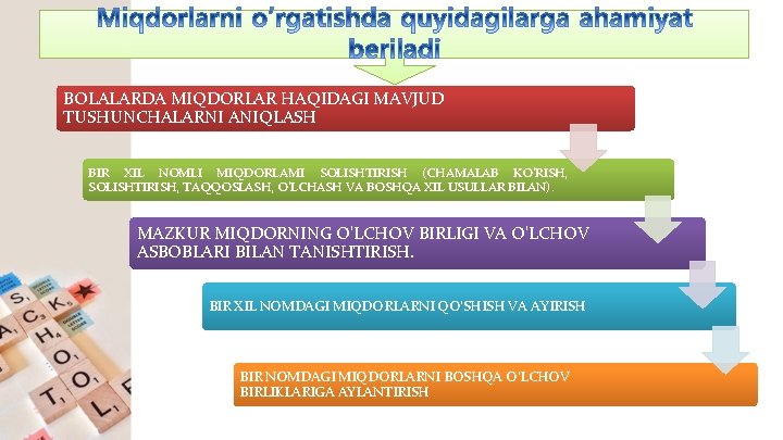 BOLALARDA MIQDORLAR HAQIDAGI MAVJUD TUSHUNCHALARNI ANIQLASH BIR XIL NOMLI MIQDORLAMI SOLISHTIRISH (CHAMALAB KO'RISH, SOLISHTIRISH, BOLALARDA MIQDORLAR HAQIDAGI MAVJUD TUSHUNCHALARNI ANIQLASH BIR XIL NOMLI MIQDORLAMI SOLISHTIRISH (CHAMALAB KO'RISH, SOLISHTIRISH,