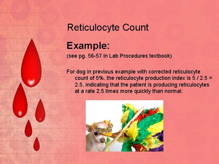 Reticulocyte Count Example: (see pg. 56 -57 in Lab Procedures textbook) For dog in