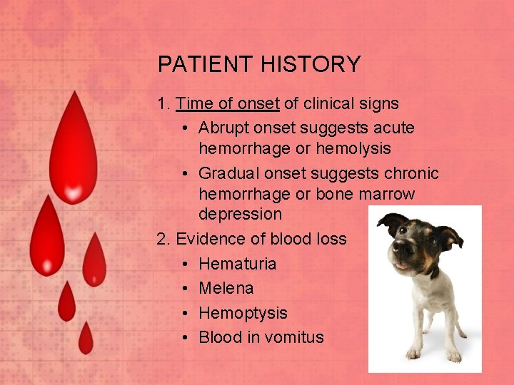 PATIENT HISTORY 1. Time of onset of clinical signs • Abrupt onset suggests acute