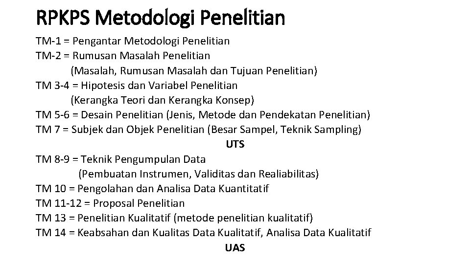 RPKPS Metodologi Penelitian TM-1 = Pengantar Metodologi Penelitian TM-2 = Rumusan Masalah Penelitian (Masalah,