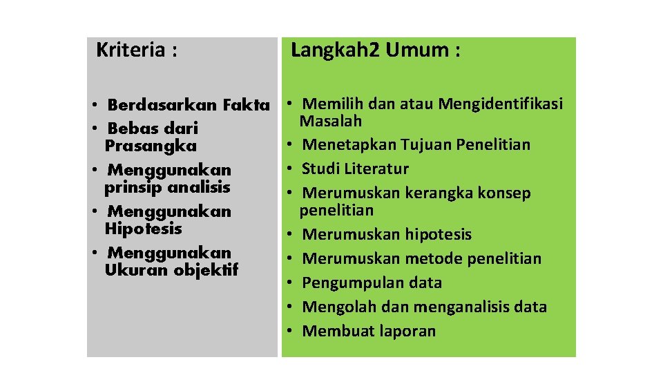 METODE ILMIAH Kriteria : Langkah 2 Umum : • Berdasarkan Fakta • Bebas dari