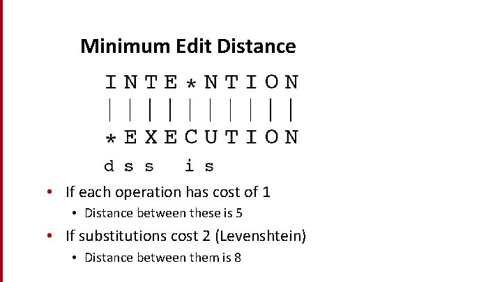 Minimum Edit Distance • If each operation has cost of 1 • Distance between