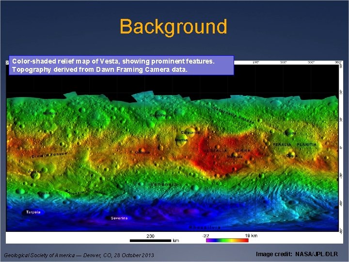 Background Color-shaded relief map of Vesta, showing prominent features. Topography derived from Dawn Framing