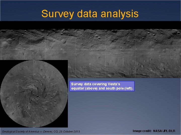 Survey data analysis Survey data covering Vesta’s equator (above) and south pole (left). Geological