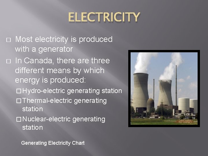 ELECTRICITY � � Most electricity is produced with a generator In Canada, there are