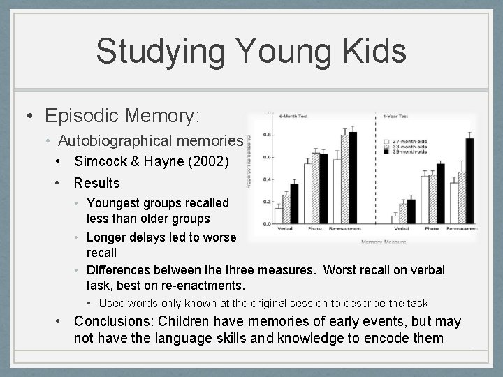 Studying Young Kids • Episodic Memory: • Autobiographical memories • Simcock & Hayne (2002)