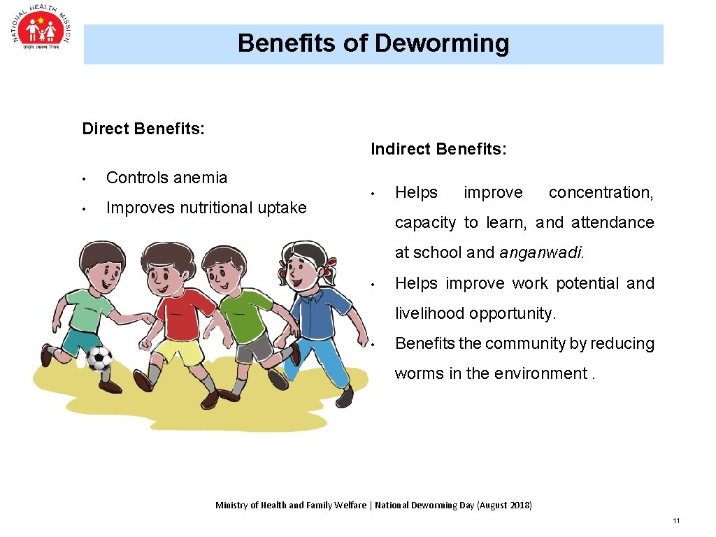 Benefits of Deworming Direct Benefits: Indirect Benefits: • • Controls anemia Improves nutritional uptake Benefits of Deworming Direct Benefits: Indirect Benefits: • • Controls anemia Improves nutritional uptake