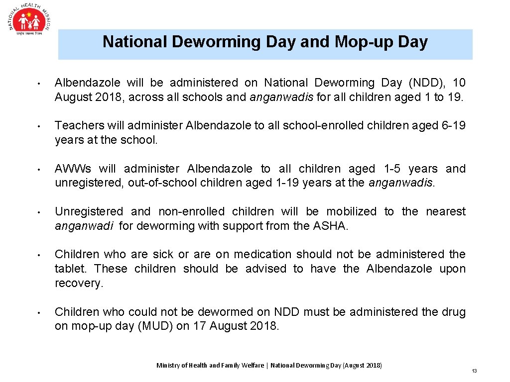 National Deworming Day and Mop-up Day • Albendazole will be administered on National Deworming National Deworming Day and Mop-up Day • Albendazole will be administered on National Deworming