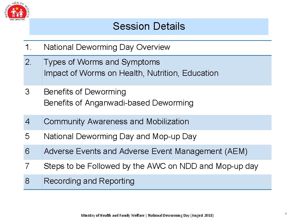Session Details 1. National Deworming Day Overview 2. Types of Worms and Symptoms Impact Session Details 1. National Deworming Day Overview 2. Types of Worms and Symptoms Impact