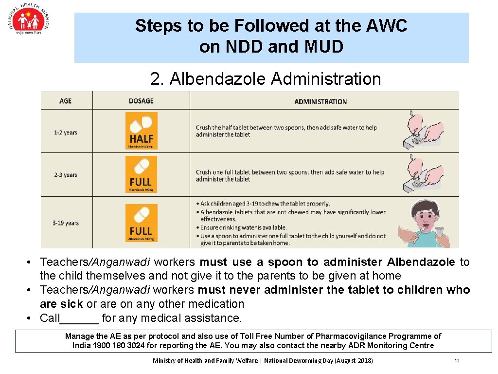 Steps to be Followed at the AWC on NDD and MUD 2. Albendazole Administration Steps to be Followed at the AWC on NDD and MUD 2. Albendazole Administration