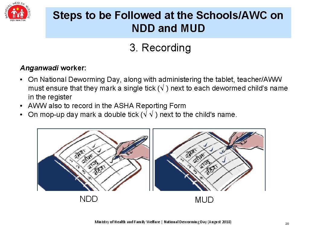 Steps to be Followed at the Schools/AWC on NDD and MUD 3. Recording Anganwadi Steps to be Followed at the Schools/AWC on NDD and MUD 3. Recording Anganwadi