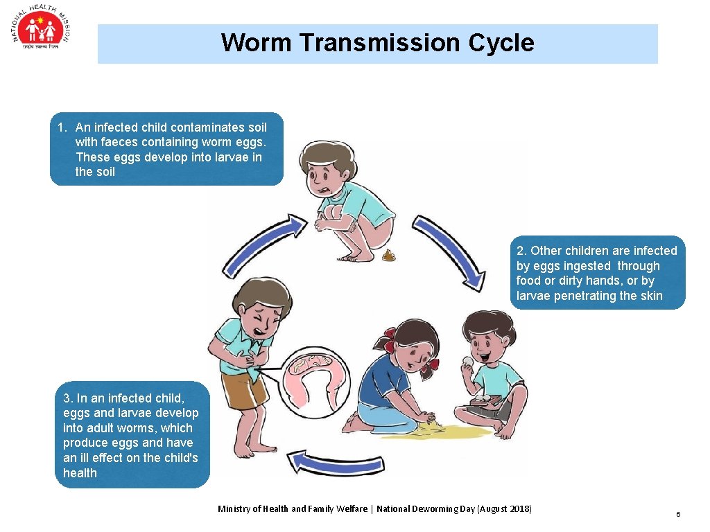 Worm Transmission Cycle 1. An infected child contaminates soil with faeces containing worm eggs. Worm Transmission Cycle 1. An infected child contaminates soil with faeces containing worm eggs.