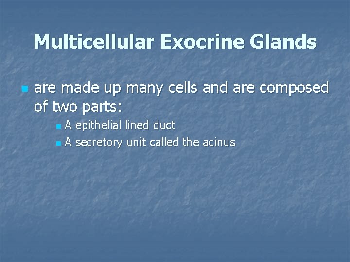 Multicellular Exocrine Glands n are made up many cells and are composed of two