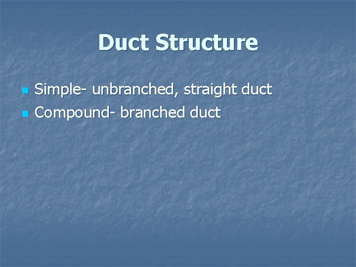 Duct Structure n n Simple- unbranched, straight duct Compound- branched duct 