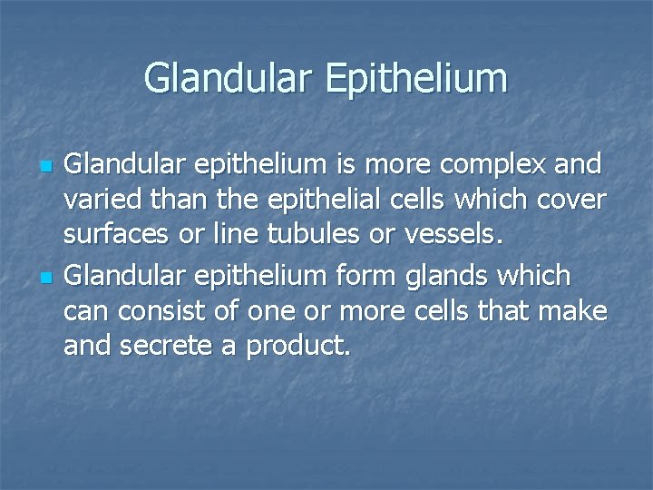Glandular Epithelium n n Glandular epithelium is more complex and varied than the epithelial