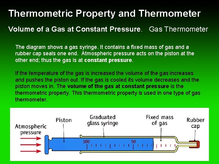 Thermometric Property and Thermometer Volume of a Gas at Constant Pressure. Gas Thermometer The